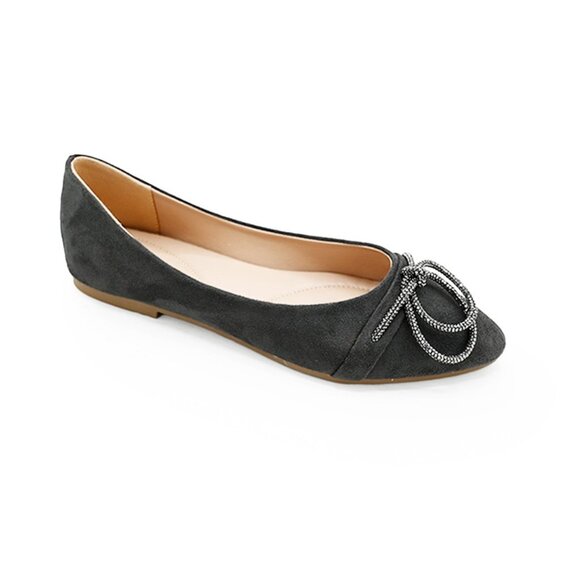 Women’s Dark Grey Suede Ballerina Flats – Rhinestone Bow Detail Elegant Slip On - Picture 2 of 3